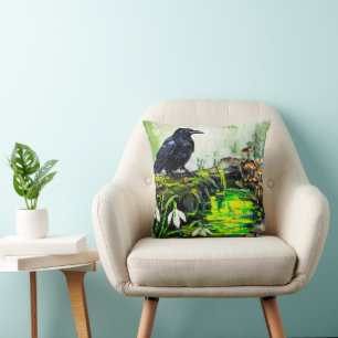 Cojín Decorativo Cuadro de óleo de cuervo negro y arroyo de bosque