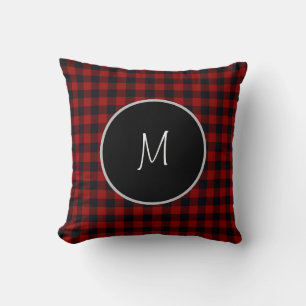Cojín Decorativo Cuadro de Plaid Búfalo Rojo y Negro con Monograma