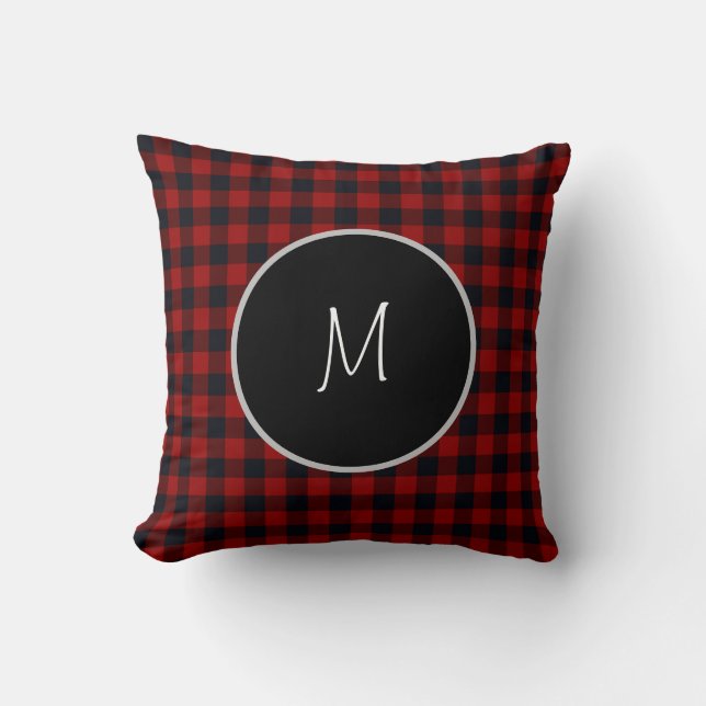Cojín Decorativo Cuadro de Plaid Rojo y Negro con Monograma (Anverso)