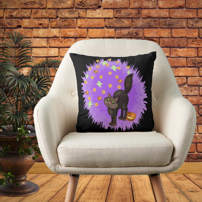 Cojín Decorativo Cuadros Black Cat Halloween Estrellas Fantasmas (Halloween black cat purple starburst ghosts, stars pumpkins on black decorative pillow.)