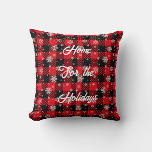 Cojín Decorativo Cuadros de Búfalo Rojo y Negro con Copos de Nieve