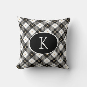 Cojín Decorativo Cuadros de Plaid Negro Blanco y Dorado Personaliza