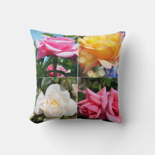 Cojín Decorativo cuatro flores de rosa rosadas, blancas, amarillas