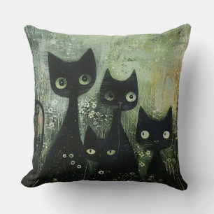 Cojín Decorativo Cuatro Gatos Negros con Margaritas sobre Gris Mezc