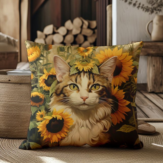Cojín Decorativo Cubierta acuática de gato girasoles floral (Cat and sunflowers decorator pillow)