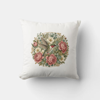 Cojín Decorativo Cubrelecho botánico de medallón floral de colibrí