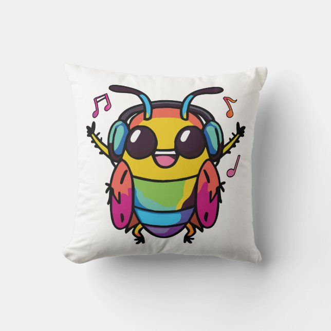 Cojín Decorativo Cucaracha feliz con auriculares escuchando música (Anverso)