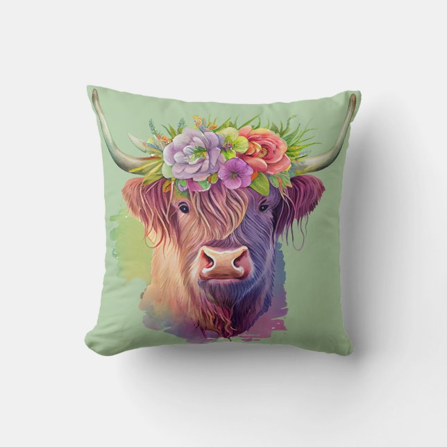Cojín Decorativo Cuenca del Highland Cow con flores (Anverso)