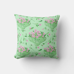 Cojín Decorativo Cuencos verdes y fondo de los panes rosados