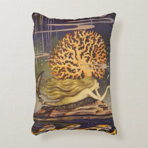 Cojín Decorativo Cuento de hadas vintage, pequeña sirena en coral o