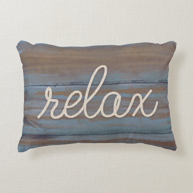 Cojín Decorativo cuerda náutica palabra "relax" en madera (Anverso)