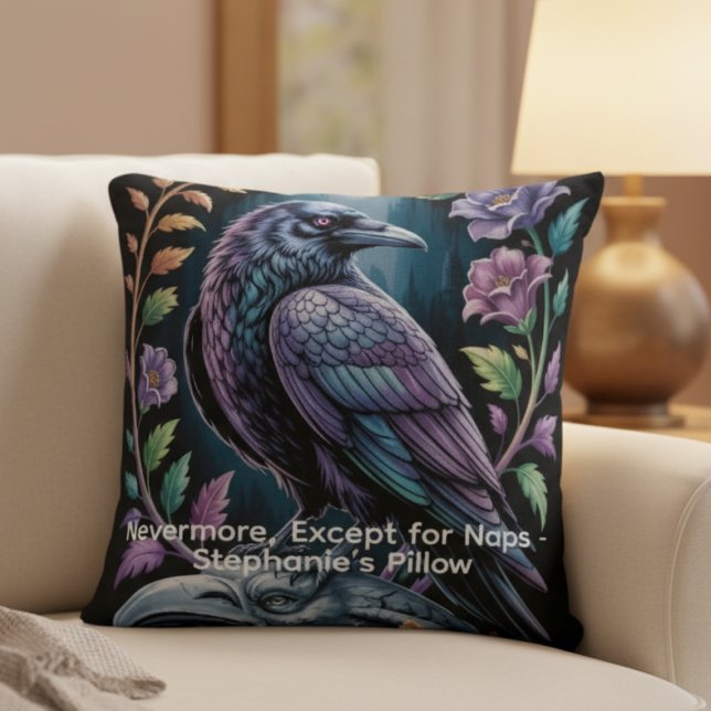 Cojín Decorativo Cuervo Gótico Negro con Humor Floral (Personalized funny black gothic raven pillow
)