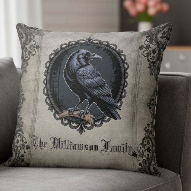 Cojín Decorativo Cuervo melancólico gótico academia oscura familia (Gothic raven family design for the dark academia book lover in your life.)