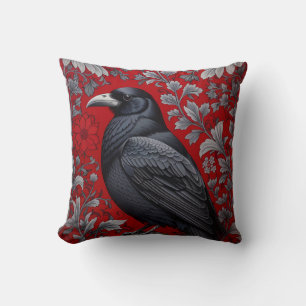 Cojín Decorativo Cuervo Negro Floral Rojo Inspirado en William Morr