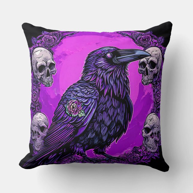 Cojín Decorativo Cuervo Negro y Calaveras (Anverso)