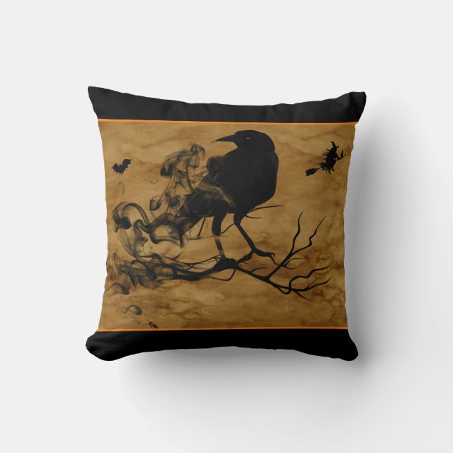 Cojín Decorativo Cuervo y Bruja Espeluznante (Anverso)