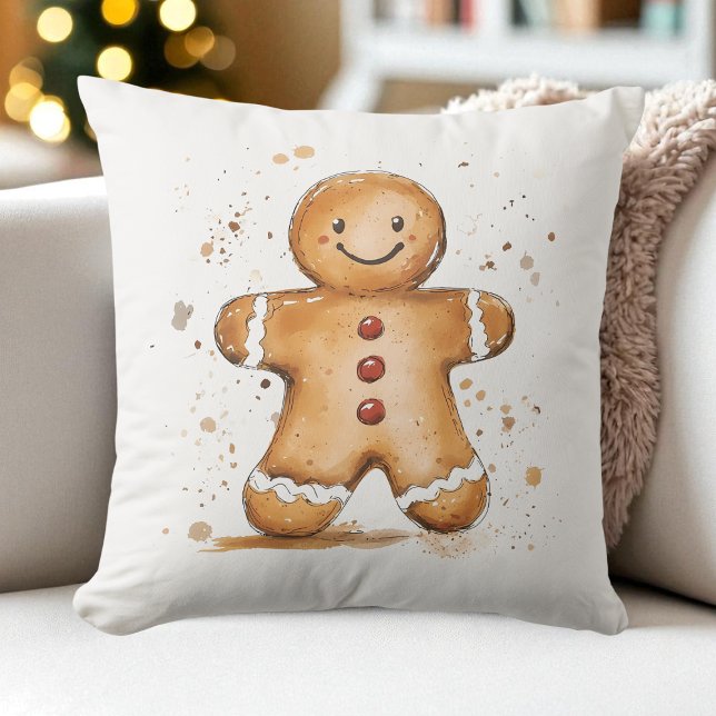 Cojín Decorativo Cuidada acuarela Gingerbread Man Farmhouse Holiday (Cute Watercolor Gingerbread Man Farmhouse Holiday Throw Pillow)
