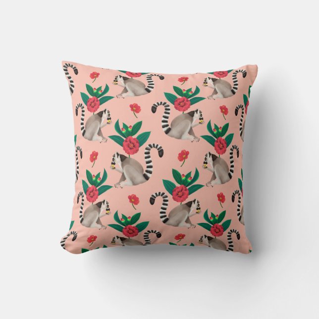 Cojín Decorativo Cuidada acuarela Rosa Lemur Animal Patrón floral (Anverso)