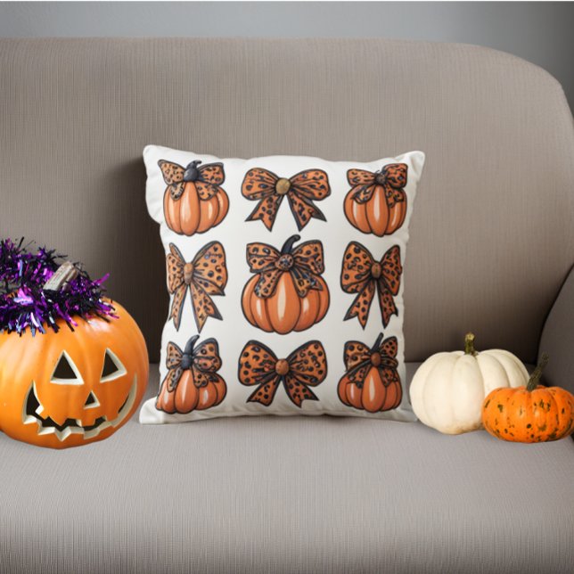 Cojín Decorativo Cuidada Coqueta de Calabaza de Halloween Leopart B (Cute Halloween Leopart Bow Pumpkin Coquette Throw Pillow)