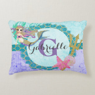 Cojín Decorativo Cuidada Monograma Sirena Verde azulada y color púr