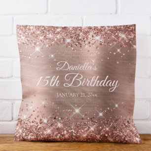 Cojín Decorativo Cumpleaños 15 Brillante Rosa Dorado Hoja