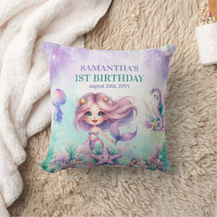 Cojín Decorativo Cumpleaños 1 de sirena Bajo el mar morado