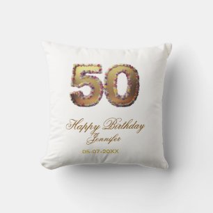 Cojín Decorativo cumpleaños 50 agregar nombre fecha año dorado flor