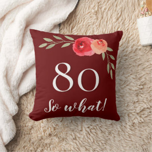 Cojín Decorativo Cumpleaños 80 divertido con rosa roja acuarela