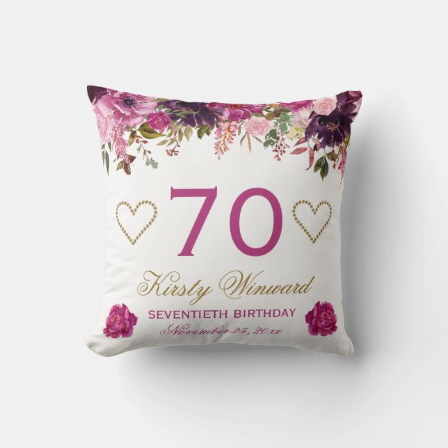 Cojín Decorativo Cumpleaños de Flores de Primavera Rosadas Acuarela (Anverso)