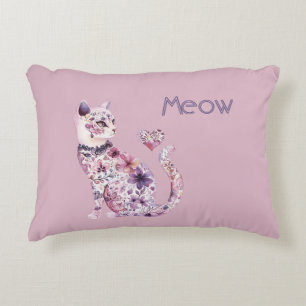 Cojín Decorativo Cumpleaños de gato floral corazones blancos rosado
