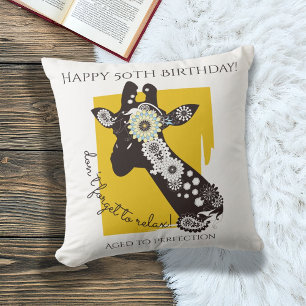 Cojín Decorativo Cumpleaños de jirafa funky genial amarillo blanco 