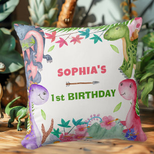 Cojín Decorativo Cumpleaños de niña linda dinosaurio 1er año