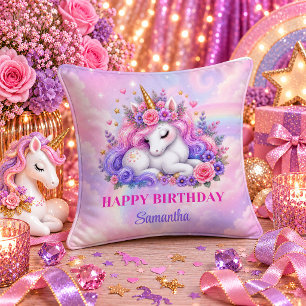 Cojín Decorativo Cumpleaños de niña unicornio de cuento de hadas su