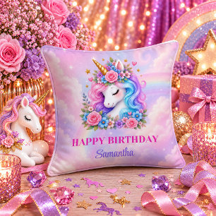 Cojín Decorativo Cumpleaños de niña unicornio lindo rosa púrpura su