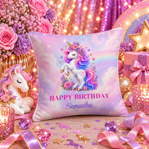 Cojín Decorativo Cumpleaños de niña unicornio lindo rosa púrpura su