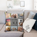 Cojín Decorativo Cumpleaños del collage de fotos a medida gris<br><div class="desc">Un regalo único para un cumpleaños número 50 (o cualquier edad),  celebrando su vida con un collage de 8 fotos,  fotos propias. Personalice y añada su nombre,  edad y fecha. Color de fondo gris. El nombre está escrito con una escritura de estilo con letras a mano moderna.</div>