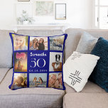 Cojín Decorativo Cumpleaños del collage de fotos personalizadas de<br><div class="desc">Un regalo único para un cumpleaños 21,  celebrando su vida con un collage de 8 fotos,  fotos propias. Personalice y agregue su nombre,  edad y fecha. Un fondo azul marino,  texto blanco. El nombre está escrito con una escritura de estilo con letras a mano moderna.</div>