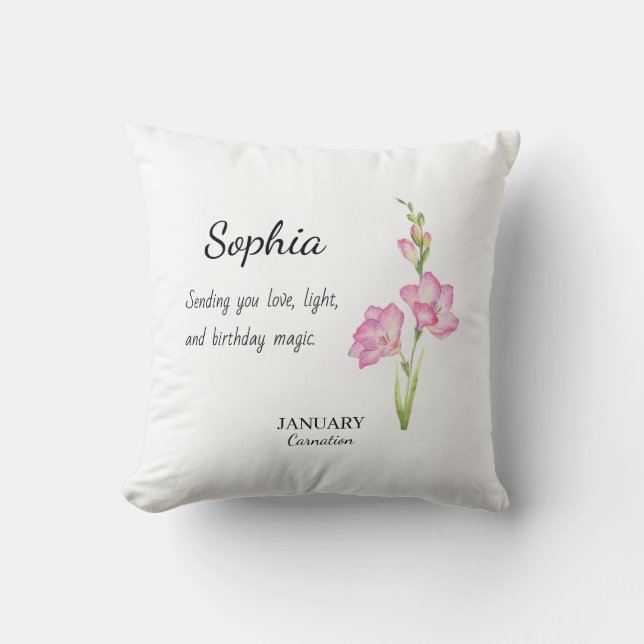 Cojín Decorativo Cumpleaños Personalizado de Enero con Clavel (Anverso)