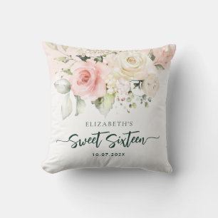 Cojín Decorativo Cumpleaños personalizado de Sweet 16 con flores ro