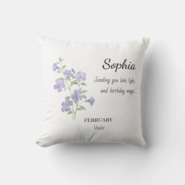 Cojín Decorativo Cumpleaños Personalizado Violeta de Febrero (Anverso)
