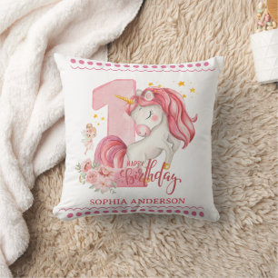 Cojín Decorativo Cumpleaños Unicornio Rosa Niña 1 año 