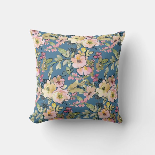 Cojín Decorativo Cushiro azul con diseño floral rosa (Anverso)