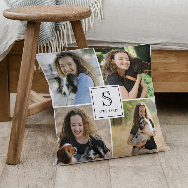 Cojín Decorativo Custom 4 Multi Photo Collage Monogram & Name (Subido por el creador)