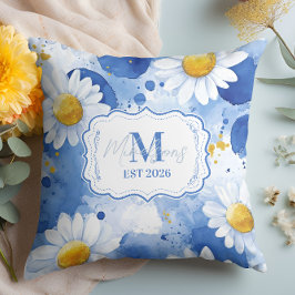 Cojín Decorativo Custom Blue Watercolor Daisy Monogram Decor