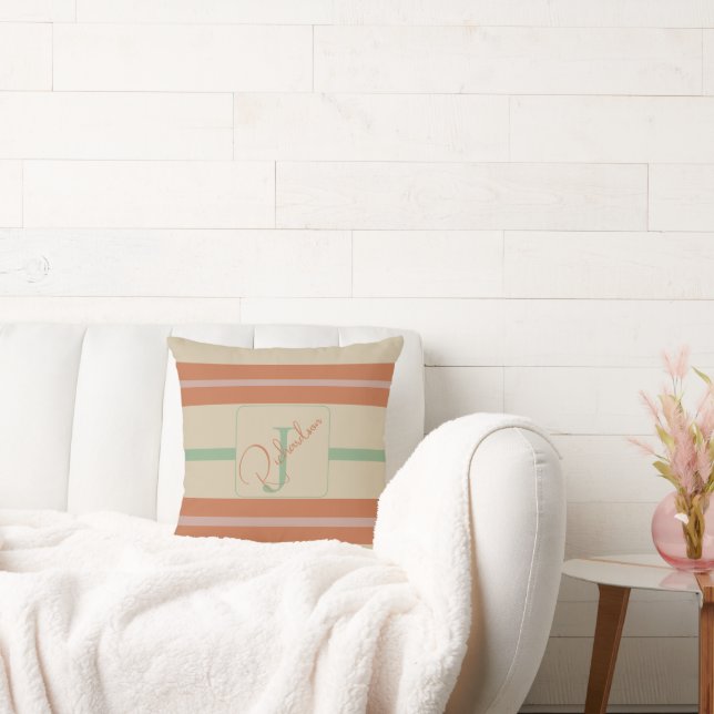 Cojín Decorativo Custom Coral Sage Stripe Monogram Boho Pastel Chi (Sofá)