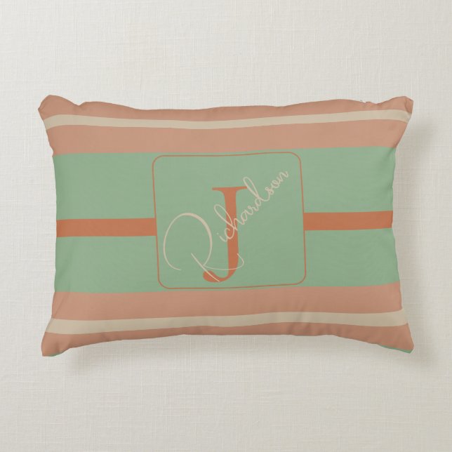 Cojín Decorativo Custom Coral Sage Stripe Monogram Boho Pastel Chi (Anverso)