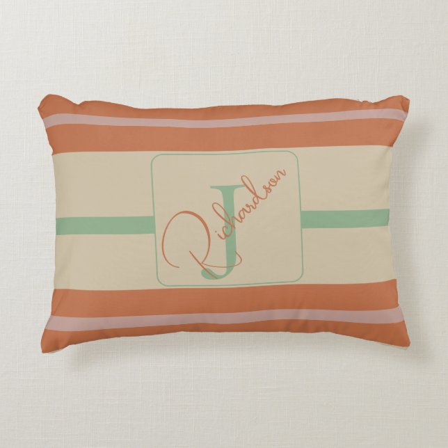 Cojín Decorativo Custom Coral Sage Stripe Monogram Boho Pastel Chi (Anverso)