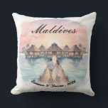Cojín Decorativo Custom Couple Maldives Honeymoon Keepsake<br><div class="desc">Transform any living space into a serene island getaway with this Personalized Watercolor Maldives Tropical Throw Pillow. This elegant, double-sided decorative accent features a stunning, hand-painted style illustration of a romantic couple walking along a wooden pier toward luxury overwater bungalows. Whether you are commemorating a 2026 honeymoon, a milestone wedding...</div>