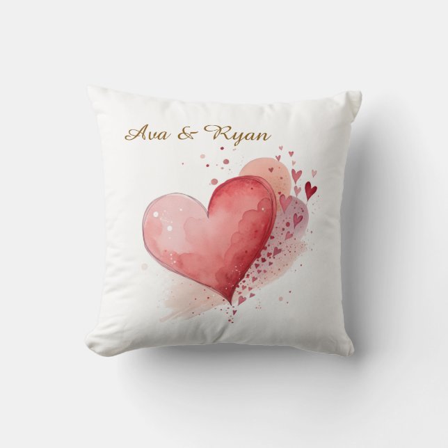 Cojín Decorativo Custom Couple Name Watercolour Hearts Pillow Cover (Anverso)
