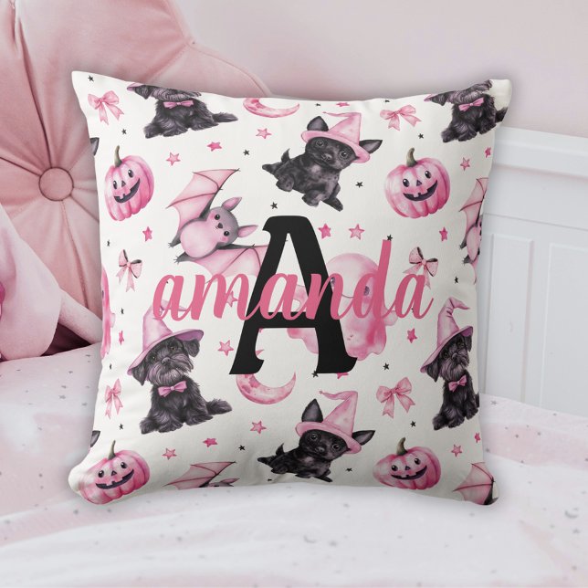 Cojín Decorativo Custom Cute Pink Halloween Pattern With Black Dogs (Custom Cute Pink Halloween Pattern With Black Dogs Throw Pillow)